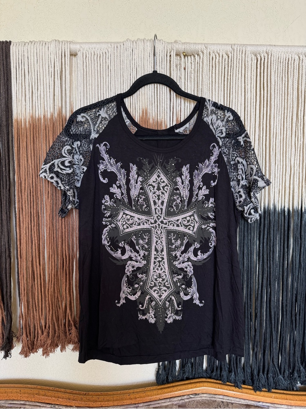 Black + silver Be Vocal cross top with rhinestone details and mesh sleeves